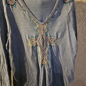 Reba Teal Embroidered V-Neck Blouse